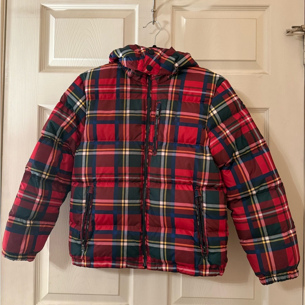 Polo Ralph Lauren Boys Red Tartan Plaid Puffer Jacket with removable hoodie